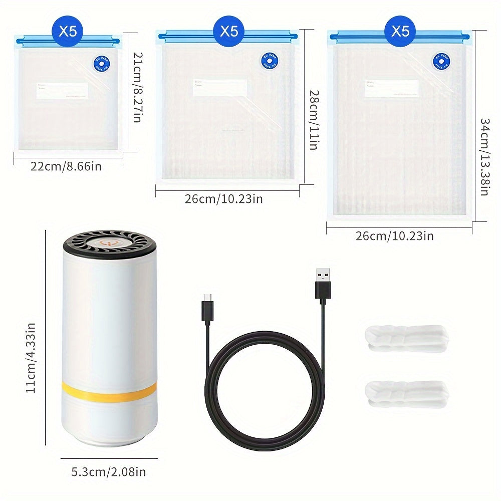 Included in this package are a mini electric vacuum sealer, 15 food vacuum storage bags, a handheld mini electric vacuum machine, and 3 different sizes of food sealing bags (5 pieces each: 21.59 x 20.32cm, 27.94 x 25.4cm, 33.02 x 27.94cm). Also included