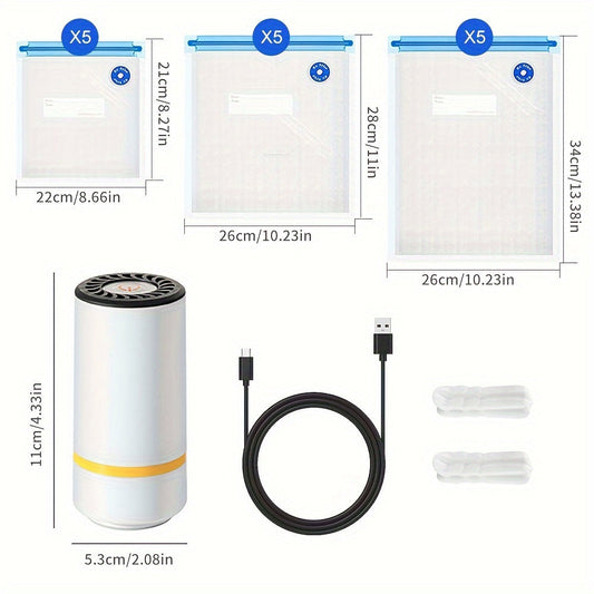 Included in this package are a mini electric vacuum sealer, 15 food vacuum storage bags, a handheld mini electric vacuum machine, and 3 different sizes of food sealing bags (5 pieces each: 21.59 x 20.32cm, 27.94 x 25.4cm, 33.02 x 27.94cm). Also included