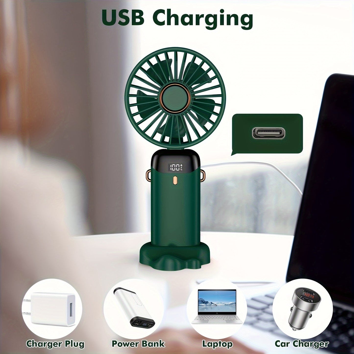 Portable Mini Fan with USB Rechargeable Feature, 5-Speed Settings, Touch Control, LED Display - Suitable for Indoor and Outdoor Travel, Home, and Office Purposes