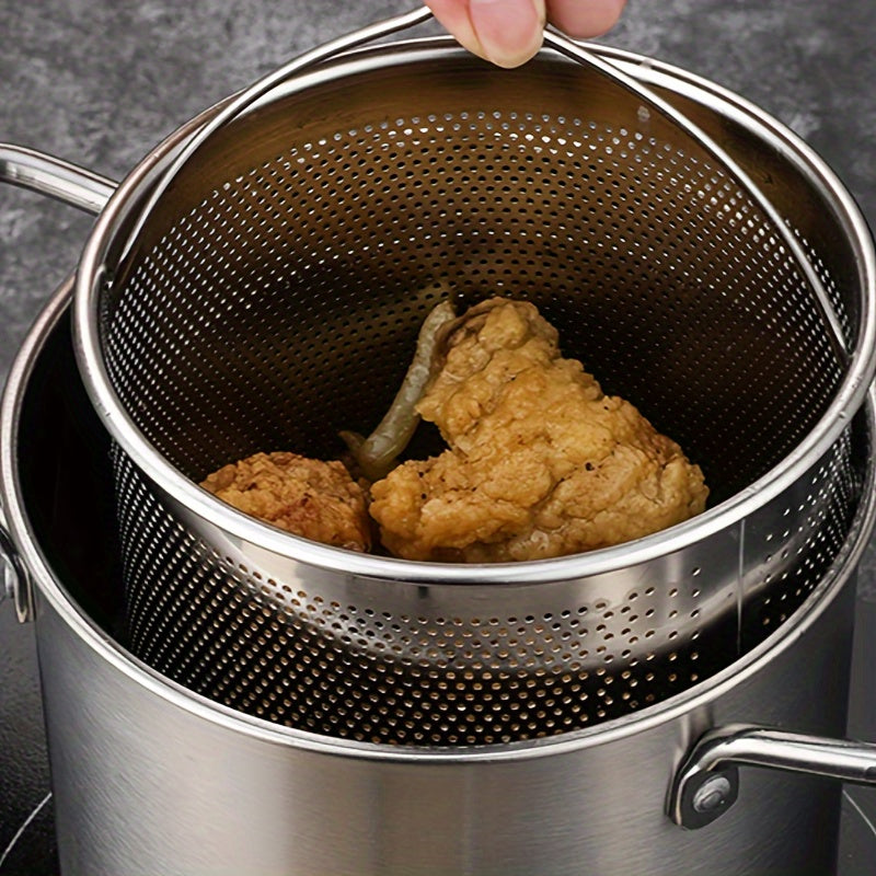 Cooking essentials: Stainless Steel Stockpot Set with Strainer Basket. Crafted from high-quality SUS304 stainless steel, this set is perfect for frying, making soup, and sauces. Induction compatible and no power needed, making it versatile for any