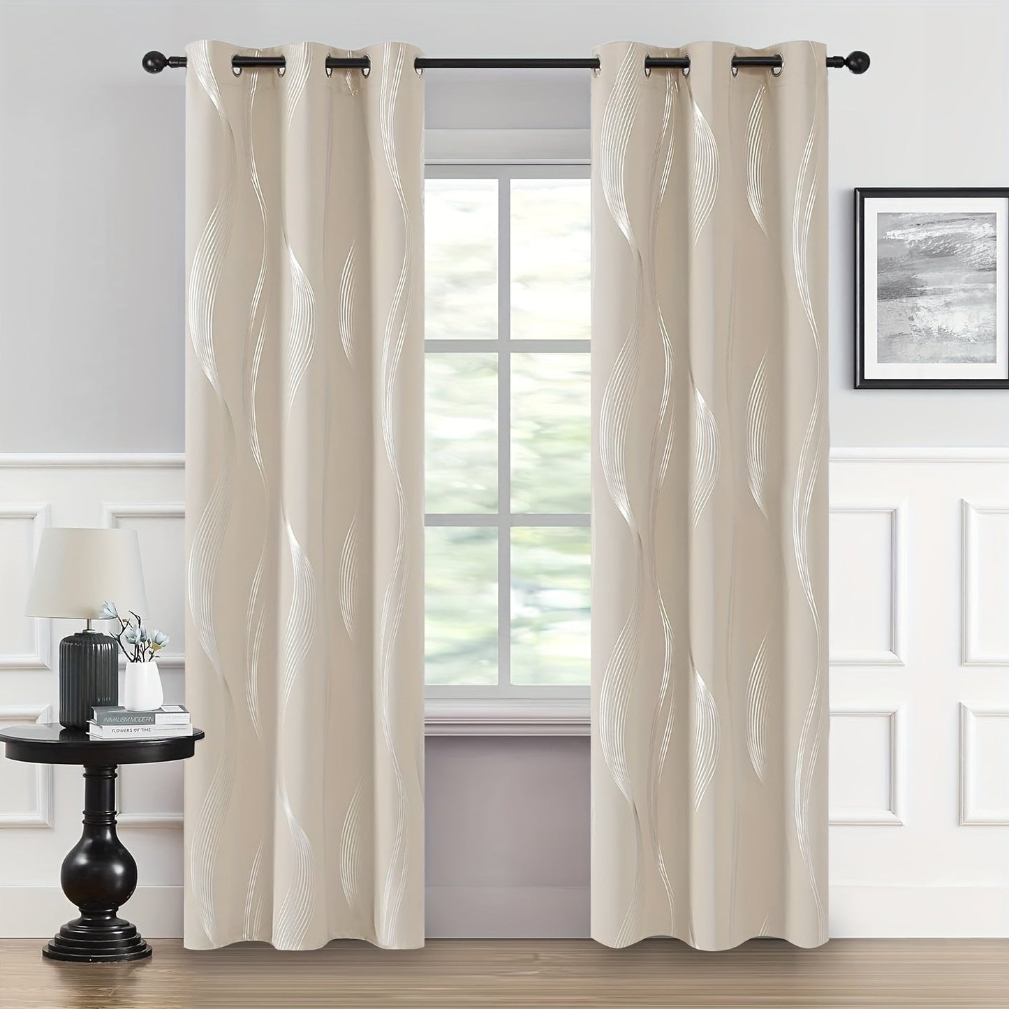 Two pieces of contemporary blackout curtains made from high-quality woven polyester, featuring a grommet top design for easy hanging. These room darkening drapes are machine washable and showcase a fantasy stripe pattern with eyelet detailing. Suitable