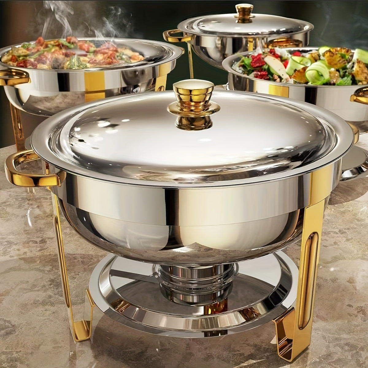 Sophisticated Set of 4 Stainless Steel Chafing Dishes, 5QT - Simple to Assemble, Stylish Gold and Silver Finish Perfect for Parties and Events