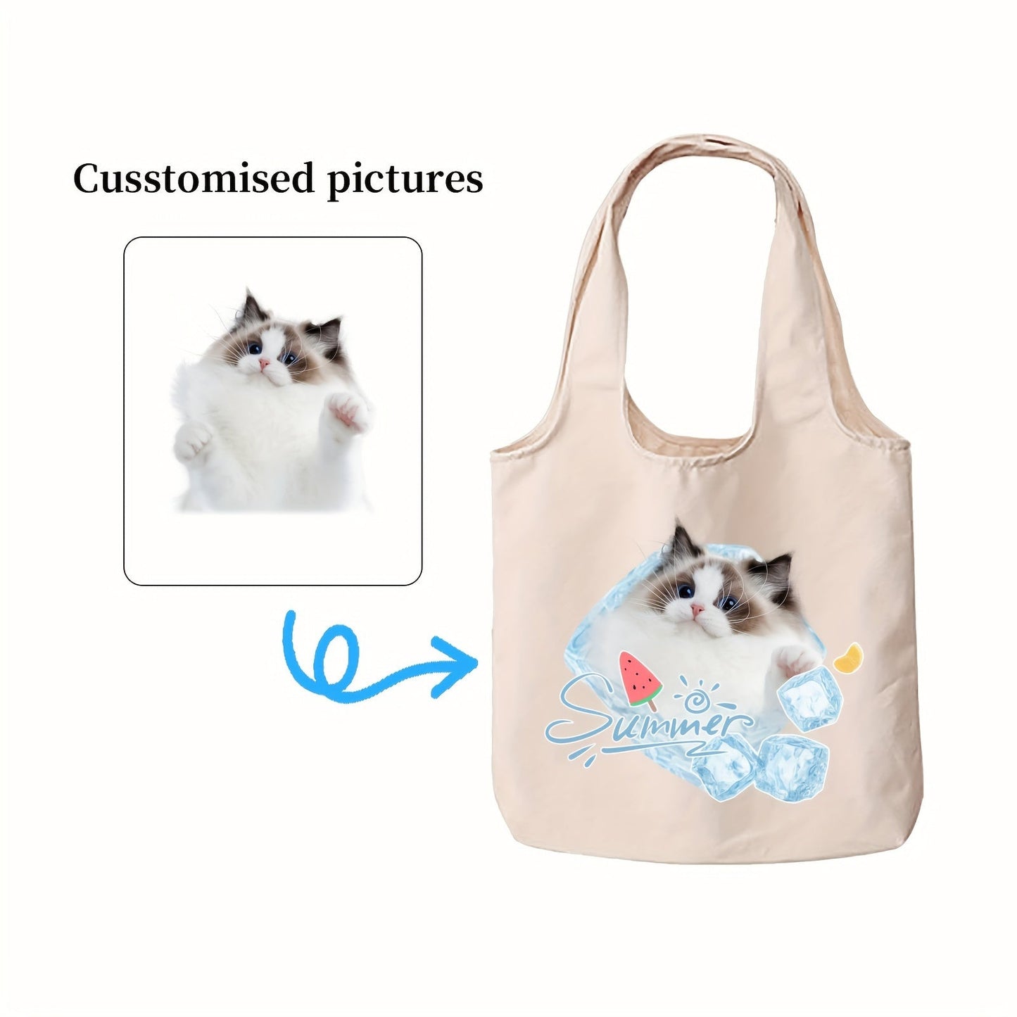 Two pieces of personalized canvas tote bags with customizable pictures, perfect for daily commutes, outdoor picnics, parties, traveling, and shopping.