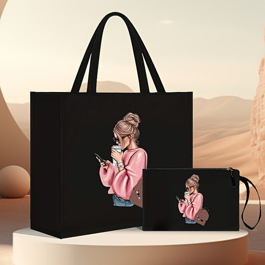 Women's tote bag set with coin purse, featuring cute girl print on black faux leather. Magnetic closure with fixed straps and faux leather lining.