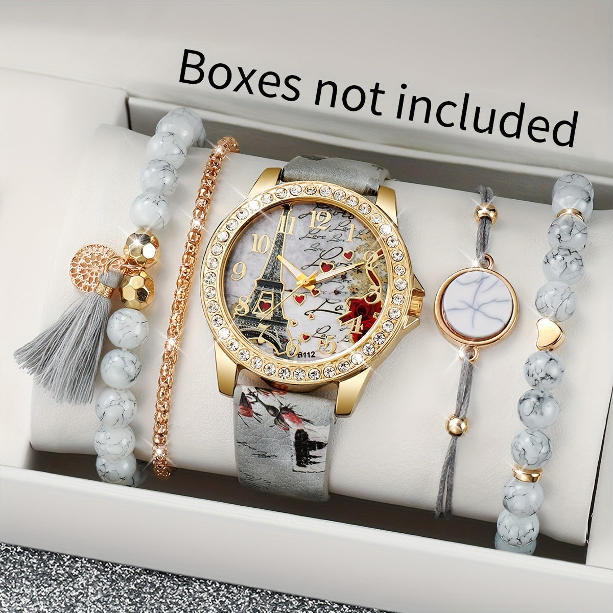 Set of 5 Women's Fashion Casual Digital Tower Dial Quartz Watch + Bracelet, without watch box included.