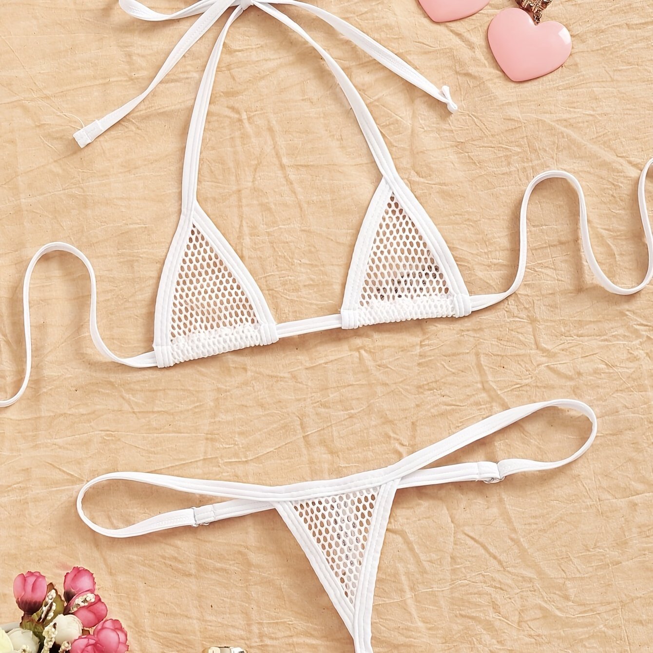 Mesh triangle bra and panty set for women, made of polyester and spandex.