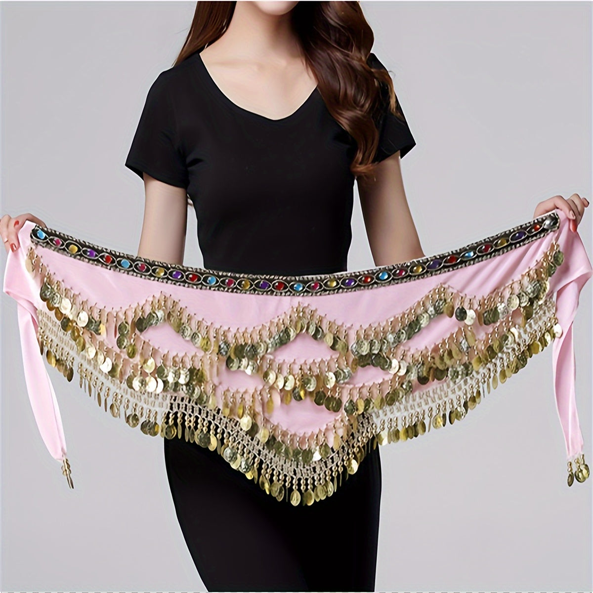 1 piece belly dance hip towel with sequin decoration for dance performances.