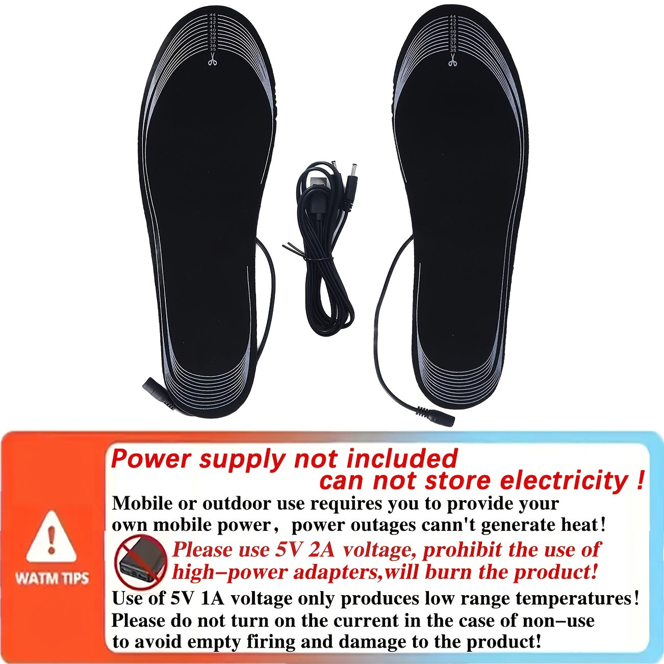 Heated shoe insoles for men and women, cuttable and washable, provide electric foot warming.