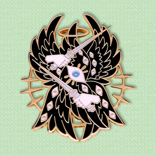 An elegant Gothic angel enamel pin with unique detailing, made of alloy in an irregular shape. This Christmas badge can be worn on collars, backpacks, hats, or coats as a striking accessory. A thoughtful and attention-grabbing gift option.