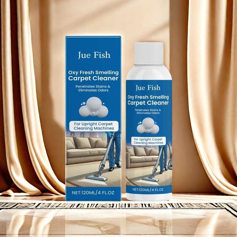 Revitalize your carpets with Jue Fish 120ml Oxy Fresh Carpet Cleaner. This powerful stain and odor eliminator uses a fume-free fabric cleaning solution with sodium bicarbonate. Perfect for use with upright machines, this cleaner is ideal for indoor use