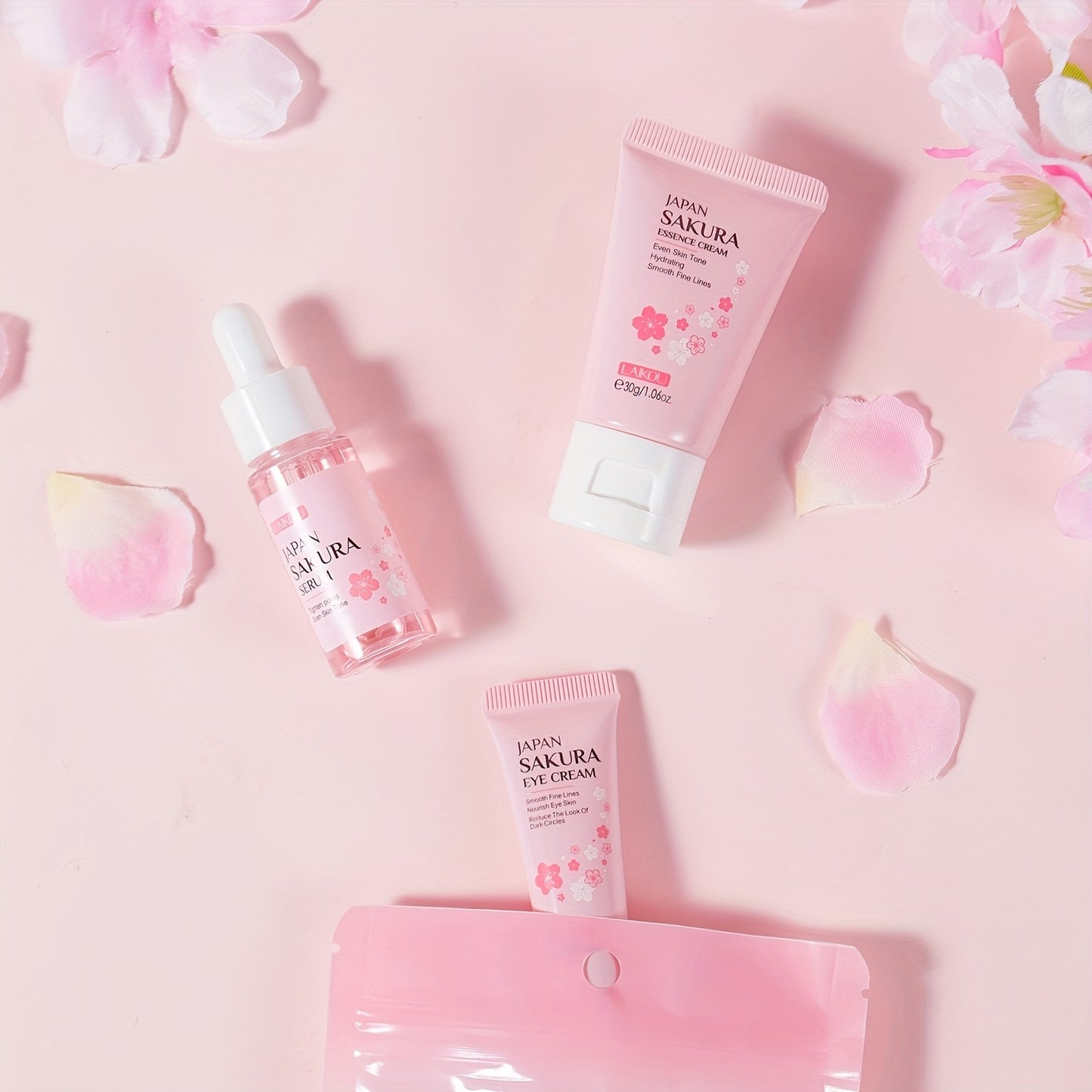 LAIKOU Japanese Cherry Blossom Skin Care Set includes Serum, Liquid Eye Cream, and Face Cream. Perfect as a skincare gift set.