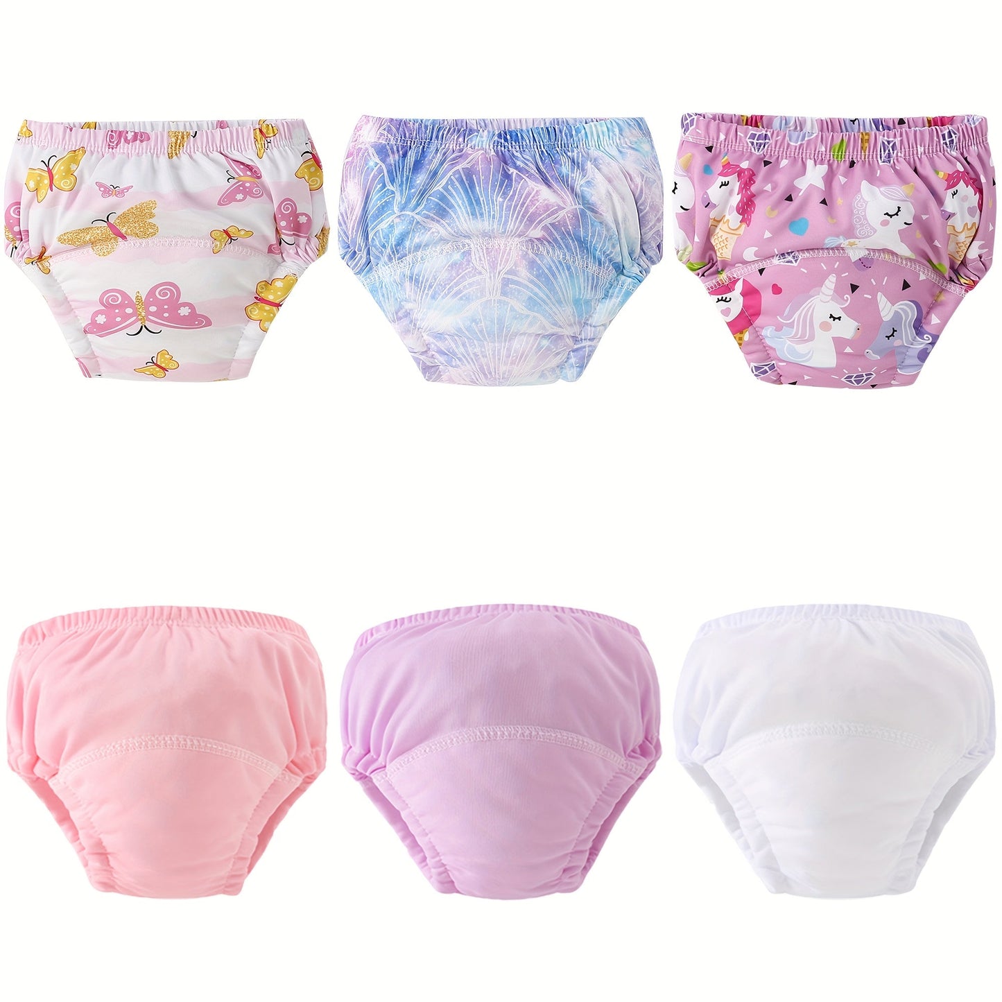 Reusable washable pull-up diaper covers, made of a mixed color knit fabric with elastic design, suitable for ages 0-6 years. It comes in a pack of 6 and is made of polyester material.