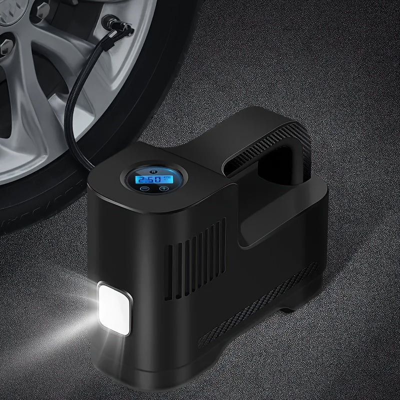 Compact digital tire inflator for car and motorcycle with LED lights.