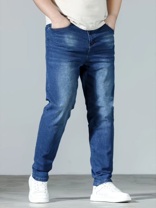 Plus size men's casual skinny fit denim jeans with medium stretch, solid color, pockets, suitable for all seasons.