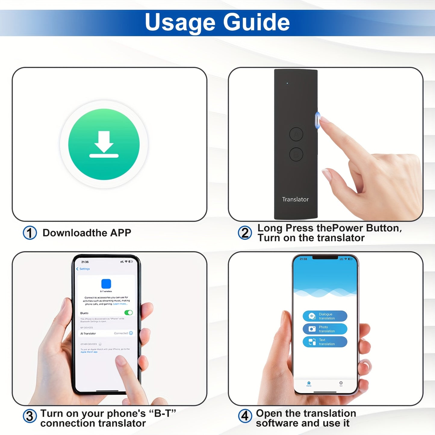 Compact portable device translates 69 languages in real-time with 2-way voice translation.