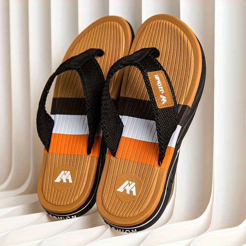 Stylish men's color block flip flops with non-slip rubber sole for indoor activities.