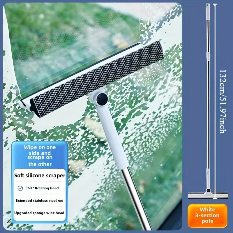 The Versatile Double-Sided Glass Cleaning Tool is a 1pc product with an Extendable Stainless Steel Handle. It features a Soft Silicone Scraper & Sponge Head for Effortless Cleaning of Windows, Kitchens, and Bathrooms. This Window Cleaning Accessory is a