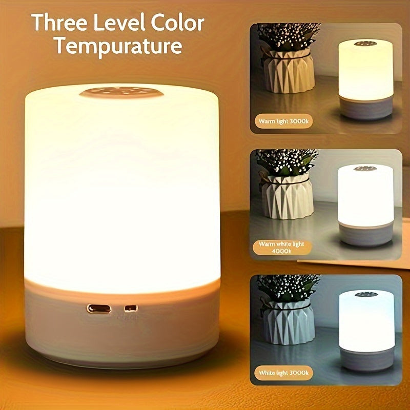 Adjustable LED bedside lamp with USB rechargeable battery. Touch control, 3 color temperatures. Perfect for reading, bedroom, study, living room, camping, and office.