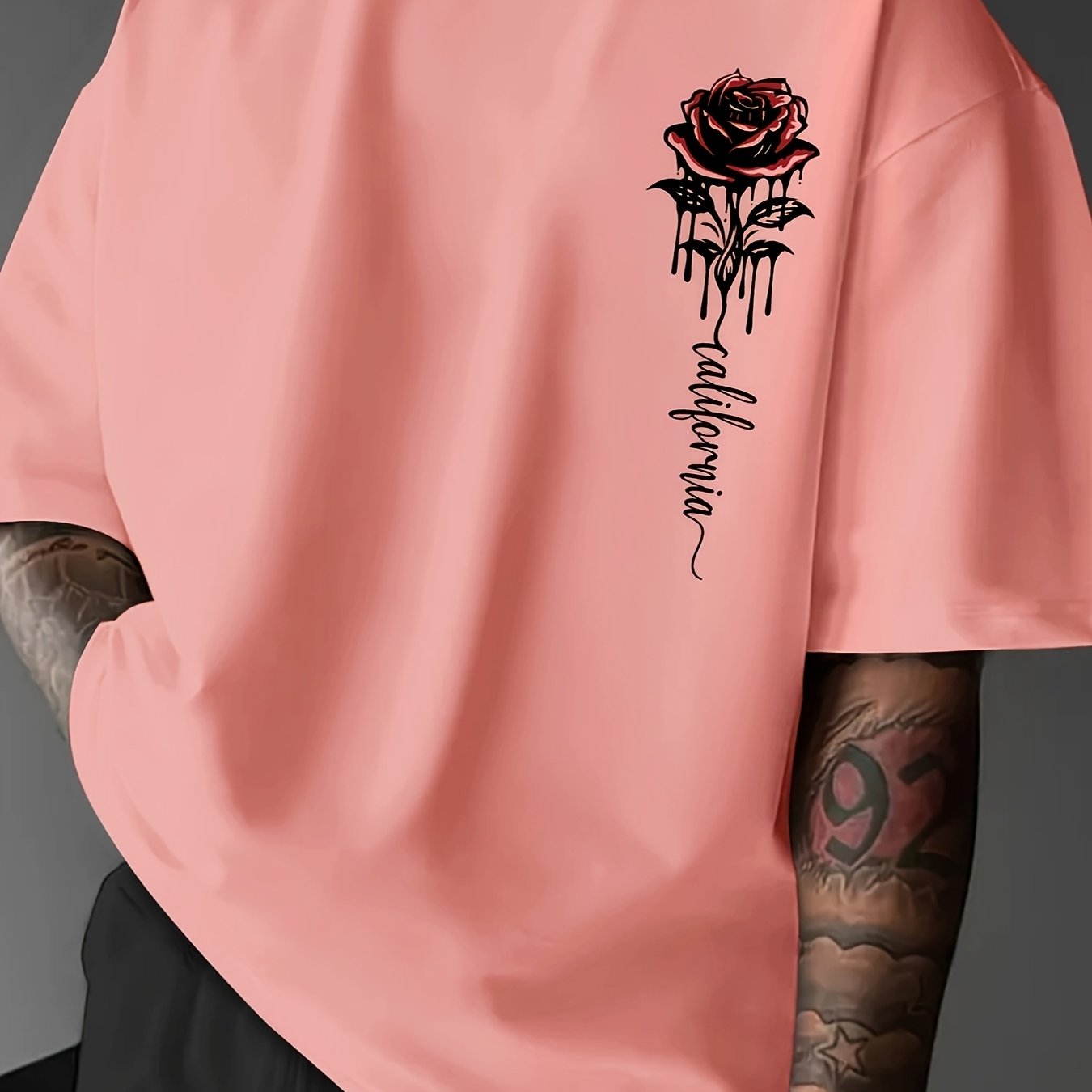 Men's loose fit crew neck polyester blend t-shirt with rose print, perfect for summer casual wear.