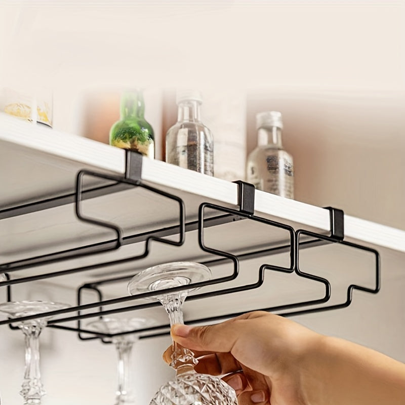 Black Metal Hanging Wine Glass Rack, 1 Piece, No-Drill Installation, Under Cabinet Stemware Storage Organizer, Space-Saving Design for Contemporary Kitchens