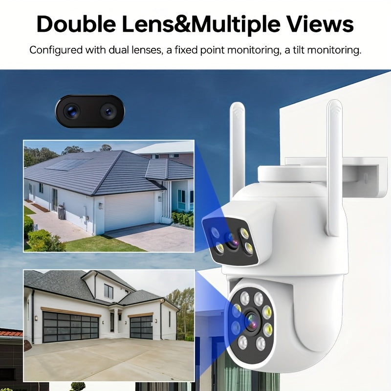 Introducing the ZHXINSD 4MP Dual Lens Wireless Security Camera. This WiFi-enabled camera is designed for outdoor use and features PTZ surveillance with auto tracking, AI human detection, color night vision, two-way audio, and IP65 waterproofing. Keep