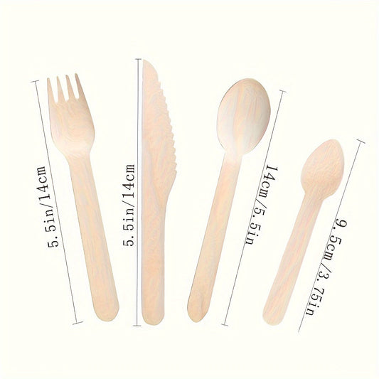 Set of 200 pieces of 5.5-inch Party Birch disposable dessert cake tableware, including 50 pieces each of 140mm knives, forks, spoons, and 95mm tip spoons. Perfect for weddings, birthday parties, and graduation parties.