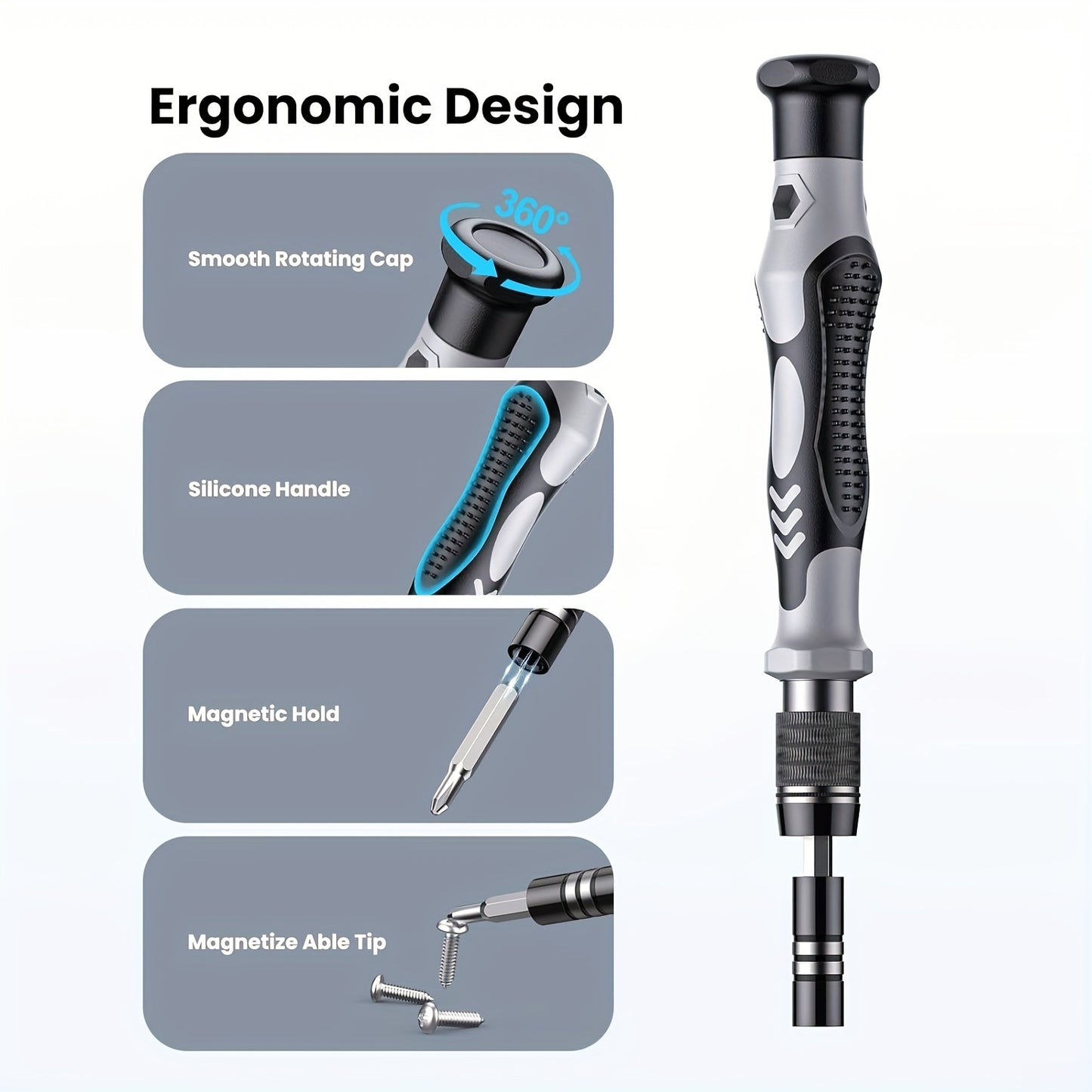 Precision screwdriver set with 115 tools, magnetic repair kit, non-slip portable tools, and ergonomic handles for smartphones, laptops, watches, and electronic devices. Made of chrome