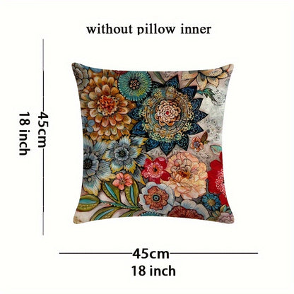 Mexican elements linen blend throw pillow case, featuring butterflies and flowers. Single-sided print, no pillow insert. Size: 45.72x45.72cm. Perfect for living room, bedroom, couch, or sofa décor.