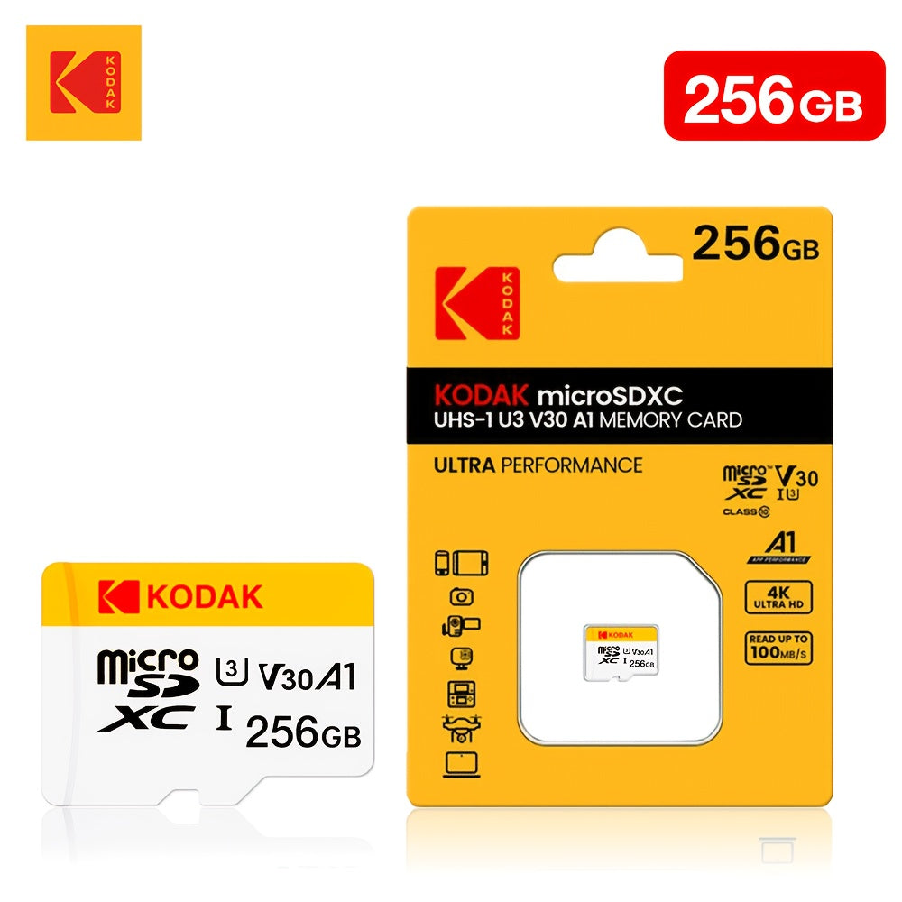 Kodak micro TF cards offer high-speed, Class 10 U3 performance for 4K HD video on various devices.