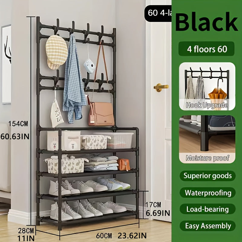 Metal entryway storage rack with shoe shelves, tier organizer, removable hooks, coat and hat stand for front door entry, for clothing, shoes, hats, bags, and umbrellas - in white and black.