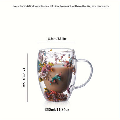 11.830z Double-walled Glass Coffee Cup with Dried Flowers, Insulation, Reusable for Espresso, Iced Coffee, Juice - Hand Wash Only - 2-4-6pcs