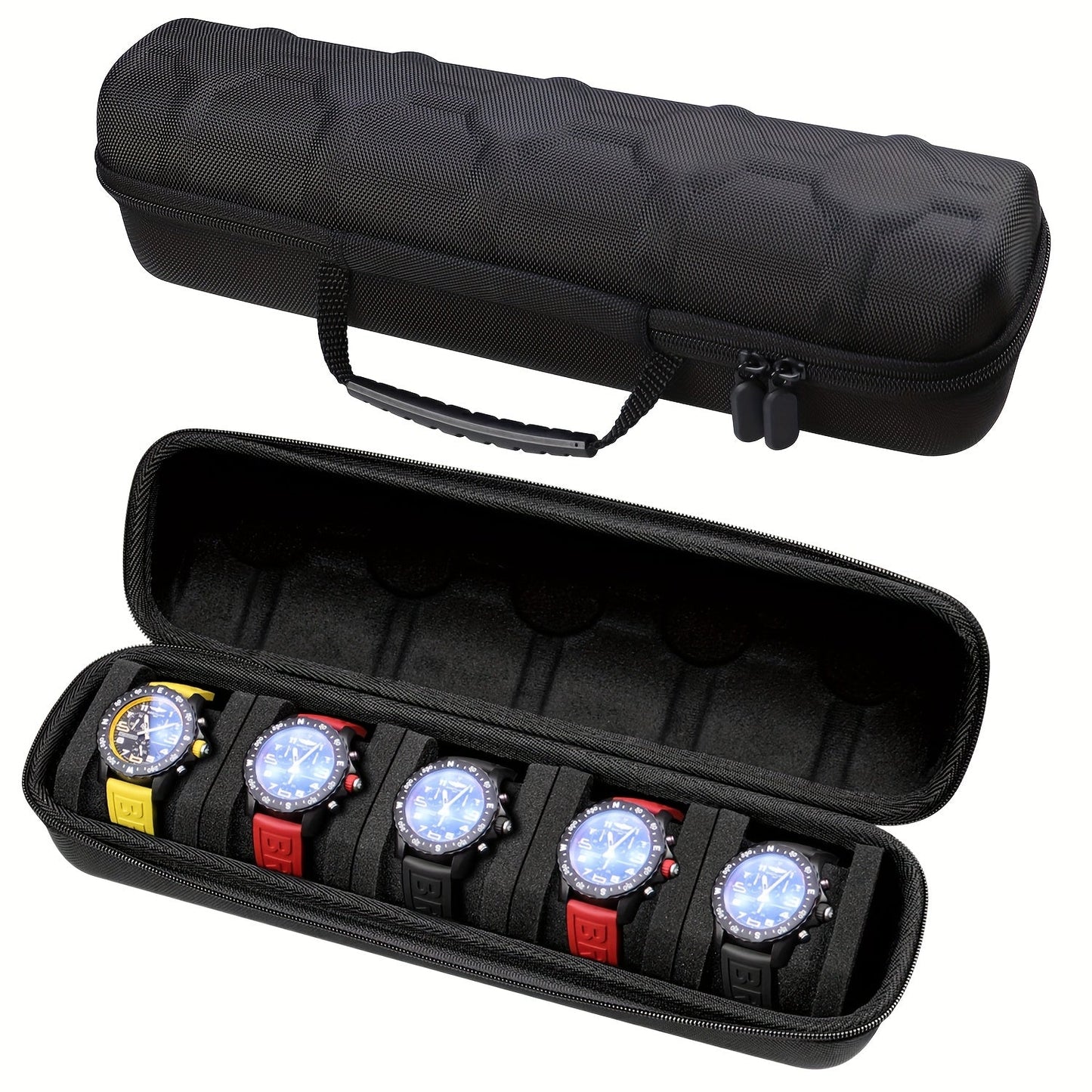 Travel in Style with a 5-Slot Watch Storage Box for Men and Women, featuring a Durable Hard Shell, Soft Foam Pillow, and Convenient Handle