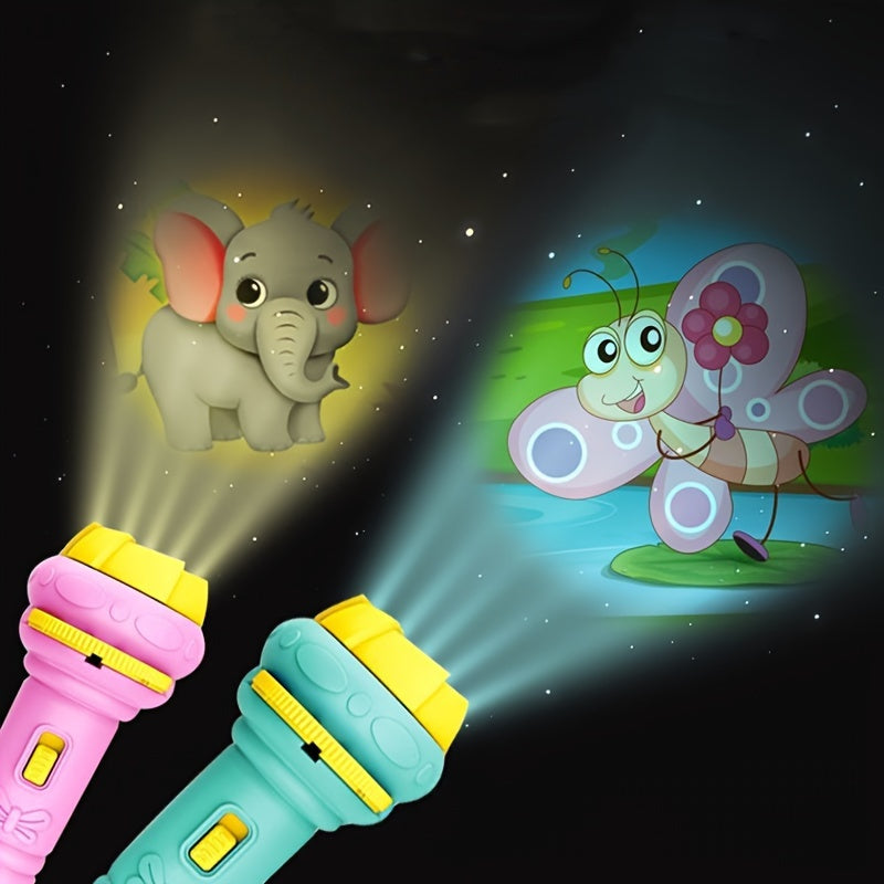 Flashlight projector with 32 patterns of dinosaurs, animals, ocean themes, fruits, and numbers - an educational bedtime toy for winter.