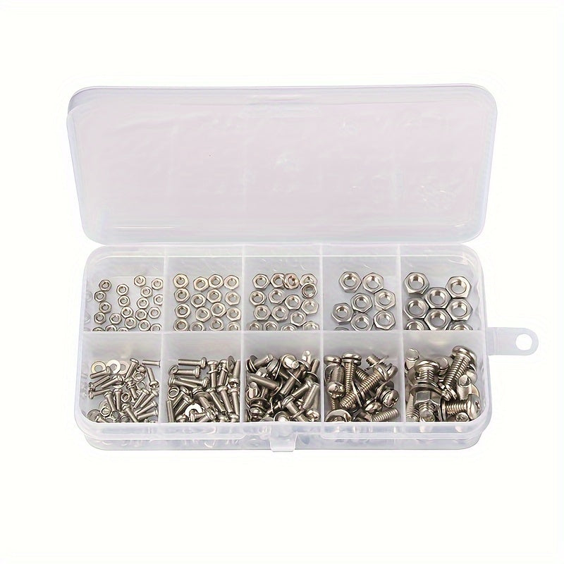 320 piece SS304 stainless steel hex nut and bolt assortment kit, durable metric sizes M2-M5, ideal for DIY projects and repairs.