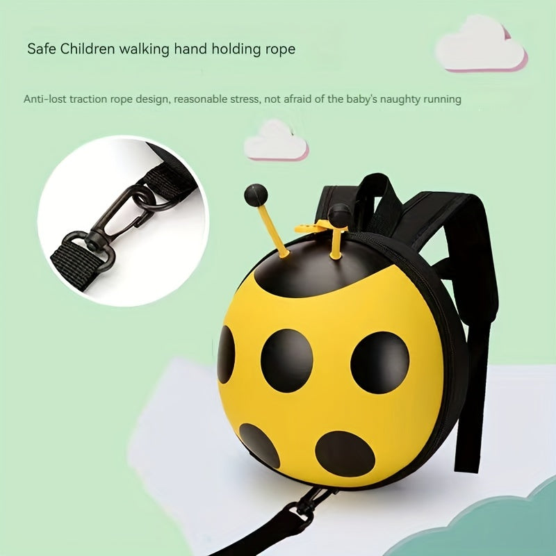 Durable, waterproof ladybug backpack for toddlers 1-3 years. Adjustable straps, stain-resistant, EVA material with yellow & black polka dot design. Perfect for boys & girls.