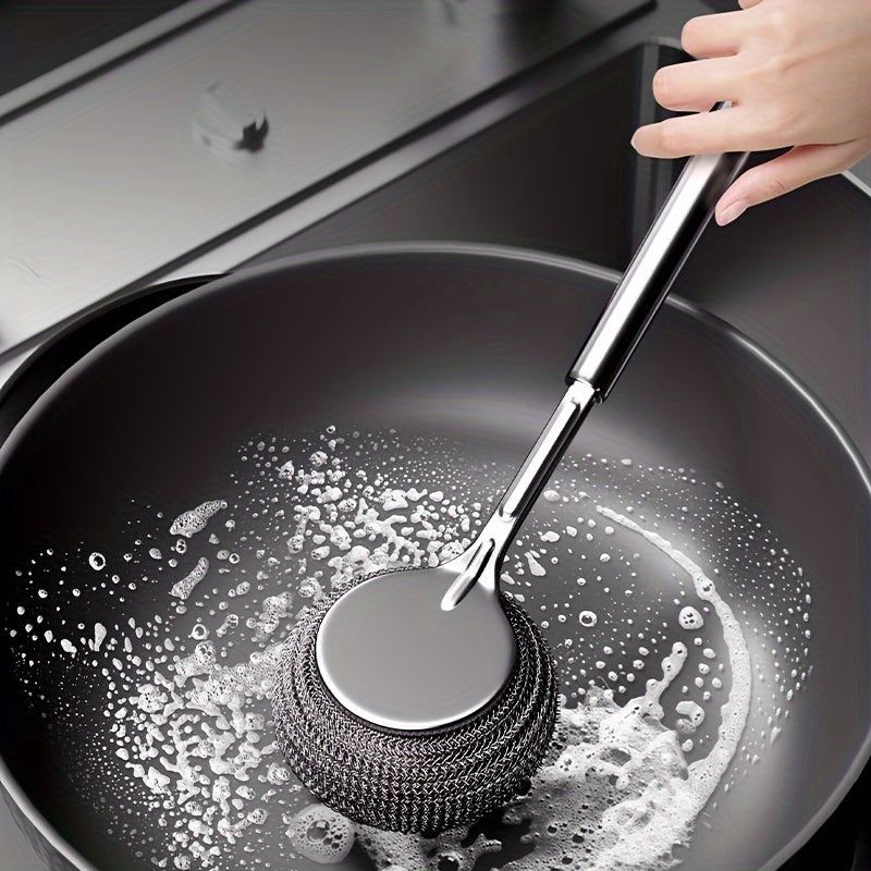 1 Pack Stainless Steel Pan Scrubber with Long Handle - Multi-Purpose Durable Pot Cleaner featuring Comfort Grip Handle for Kitchen, Stove, or Restaurant Use - Manual Operation, No Electricity Needed