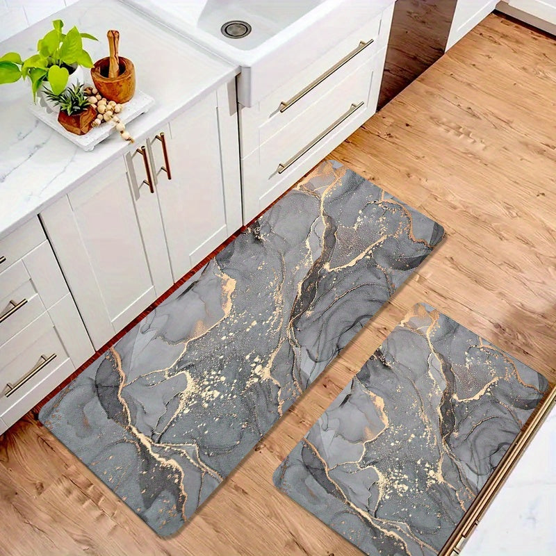 Waterproof floor mat with marble pattern, suitable for various indoor and outdoor spaces. Made of machine washable polyester.