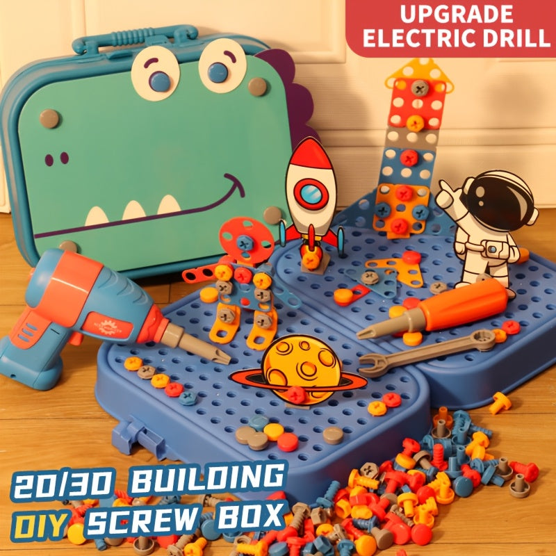 Green 3D DIY Screw Box Set for Ages 3+, Includes Drill and Screwdriver for Hands-On Building.