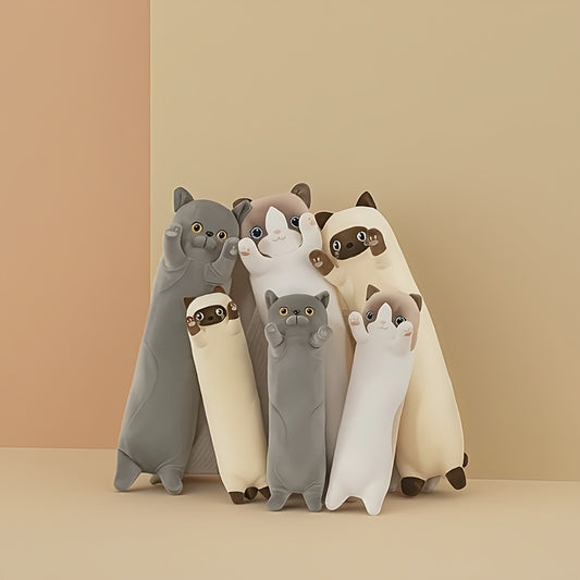 Adorable Cartoon Cat Plush Long Hug Pillow made of soft polyester, suitable for small dogs & cats. Ideal sofa companion.