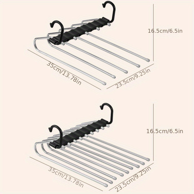 This multi-functional trouser hanger is made of stainless steel and can fold for convenient storage. It features multiple layers for organizing trousers and is a seamless addition to any wardrobe for efficient storage.