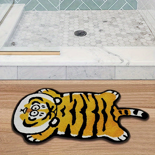 Upgraded ultra-fine thickened short fleece non-slip floor mat featuring a cute little tiger pattern in brown. This special-shaped microfiber mat is both absorbent and non-slip, making it perfect for both indoor use and as a toilet door mat. It is machine