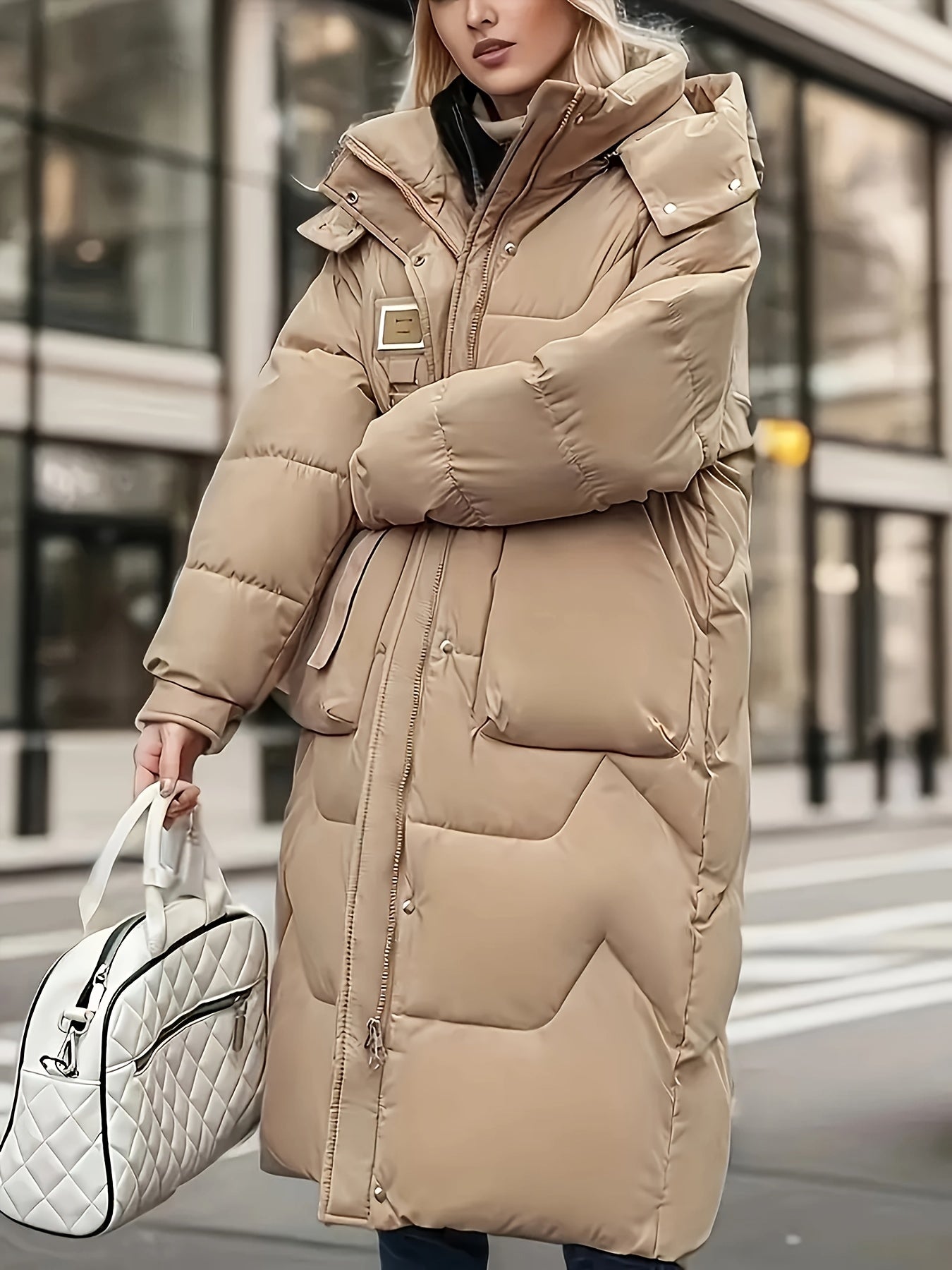 Stylish black mid-length quilted parka with detachable hood for women - ideal for staying warm and stylish during winter commuting and at home.