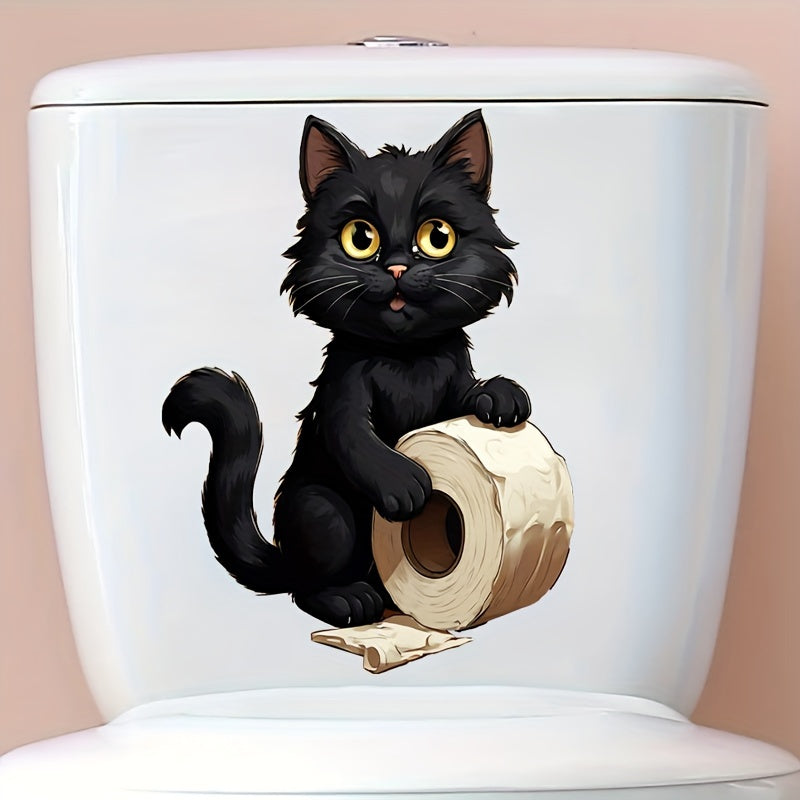 1pc Cute Black Cat Toilet Paper Sticker for Home Bathroom, Easy-to-Apply, Self-Adhesive, Disposable Decor for Restroom.