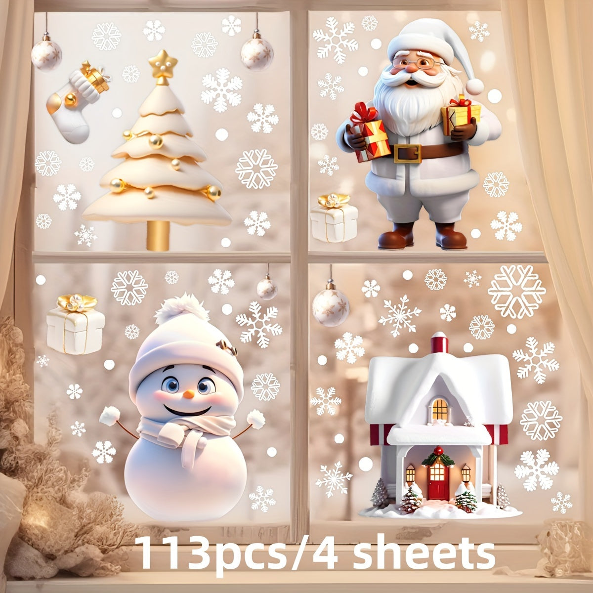 Set of 113 festive Christmas window clings, including snowman, Santa, and holiday themed static stickers. The set comes with 4 sheets of reusable decorative glass decals for home and party decor.