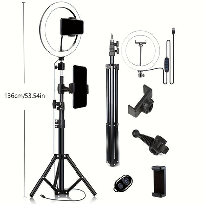 53.54-inch selfie ring light with tripod, dual phone holders, 3 color modes, and 12 brightness levels. USB powered for makeup, photography, video, and vlogging. Made of PP material.