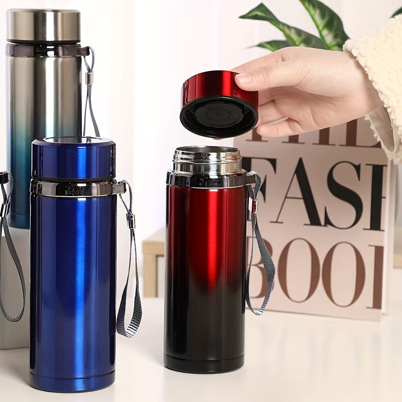 Men's large stainless steel portable travel mug with tea strainer, available for wholesale.