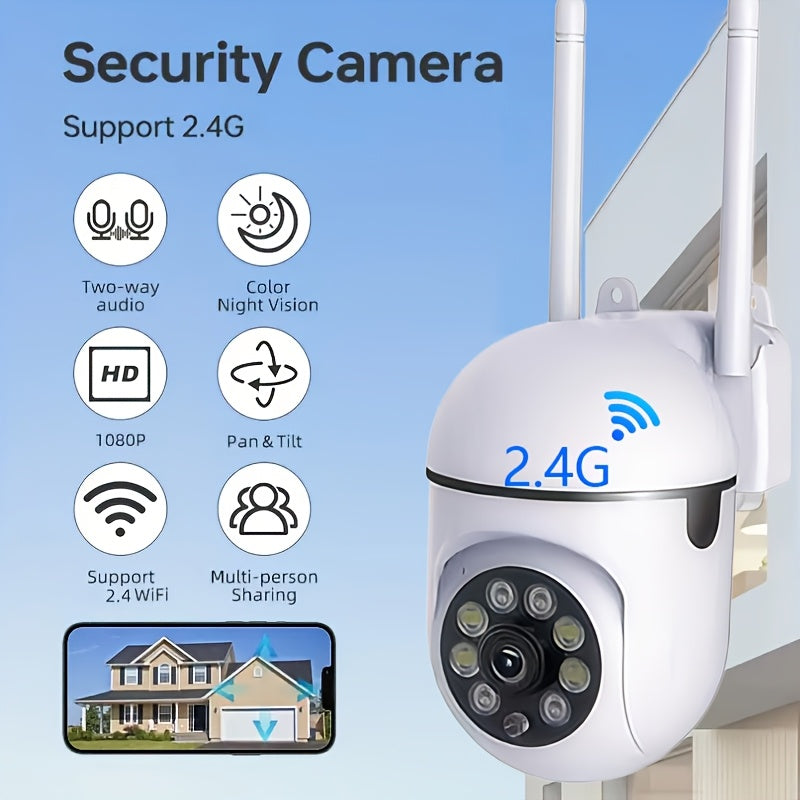 HD Smart WiFi Security Camera features 1080P resolution, Auto-Tracking, Night Vision, and Human/Pet Detection with Motion Alerts. This camera can be used indoors or outdoors, is USB powered, and compatible with smartphones. It operates on wireless 2.4GHz