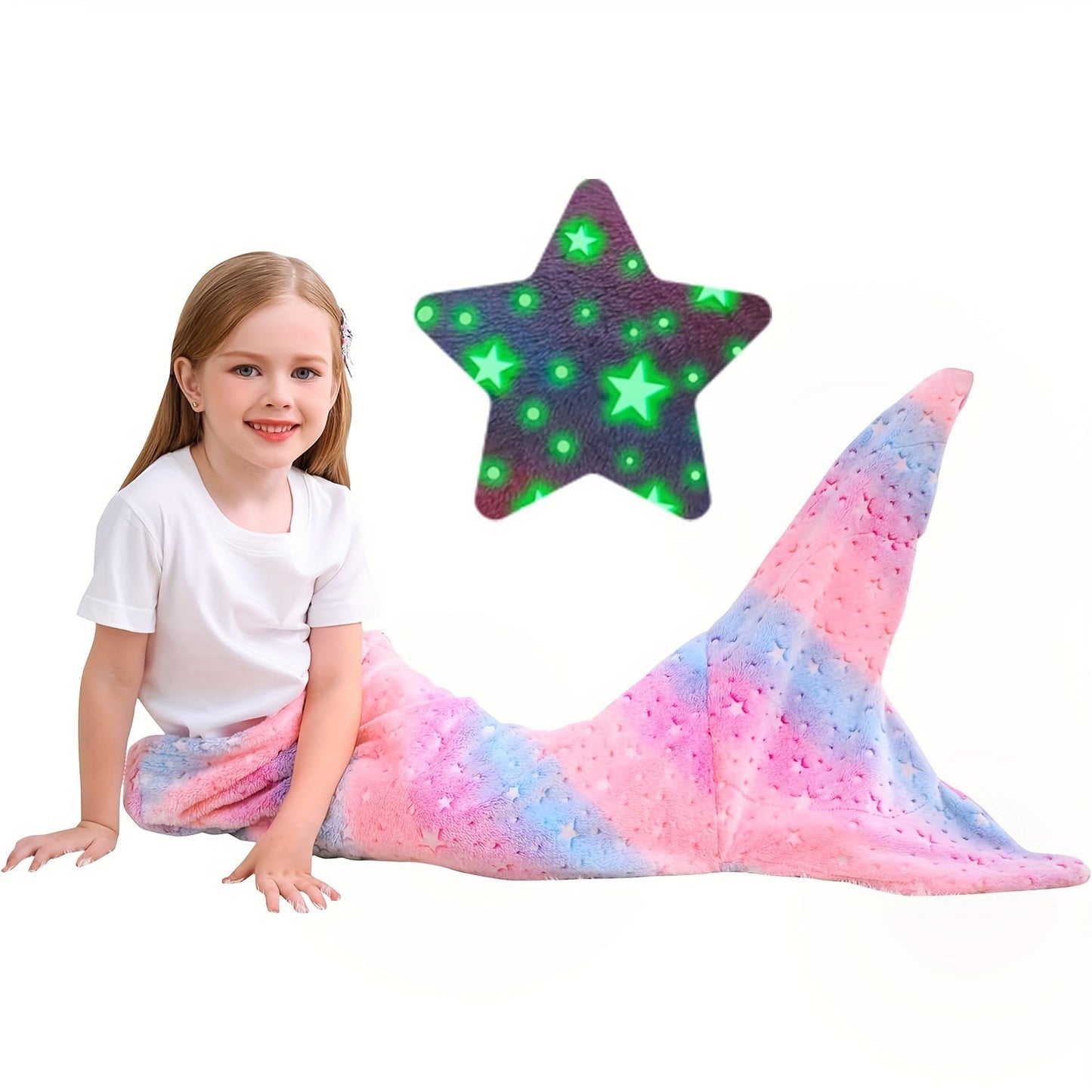 Soft flannel wearable plush mermaid tail blanket that glows in the dark, suitable for girls, teens, and adults. Ideal for all seasons, birthday gifts, nursery decor, unicorn sleeping bag, and kindergarten decor.