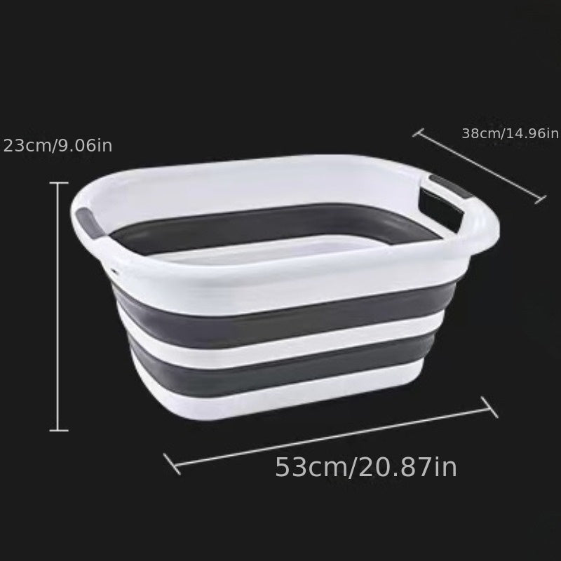 Foldable laundry basin with 3 handles, ideal for home and outdoor use, can be used for clothes, toys, and pet bathing.