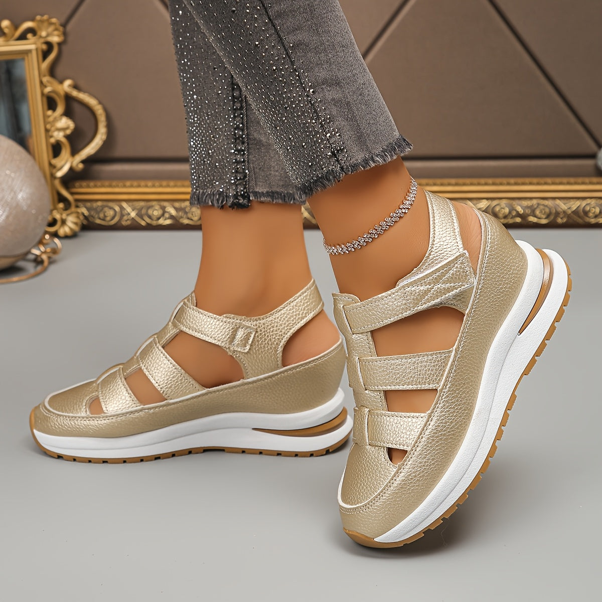 Women's fashion sandals with solid color, round toe, platform heel, hook-and-loop fastener, man-made upper and lining, rubber sole, EVA insole.